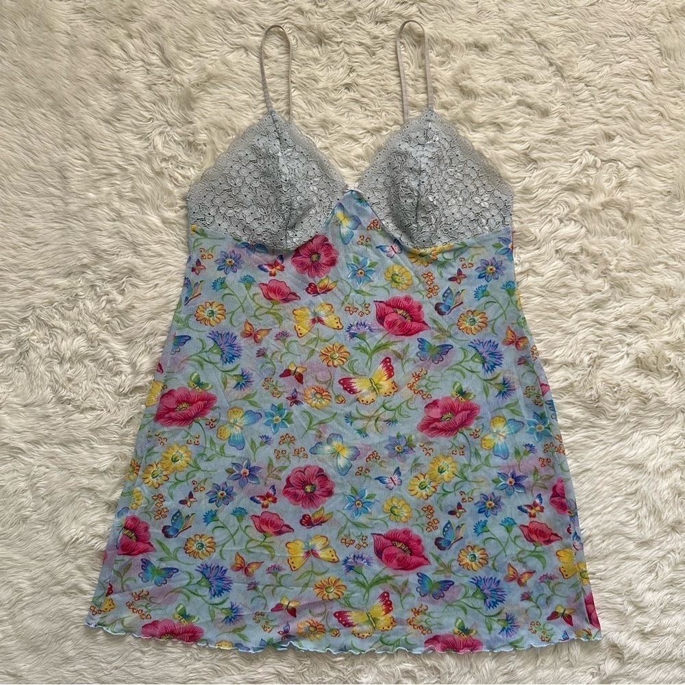 Avon Intimates Slip Dress Floral Butterfly Mesh Nightgown Sleepwear Sheer Sz M